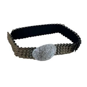 Vintage Silver Metal Snakeskin Stretchy Expandable Oval Buckle Chunky 70s Belt